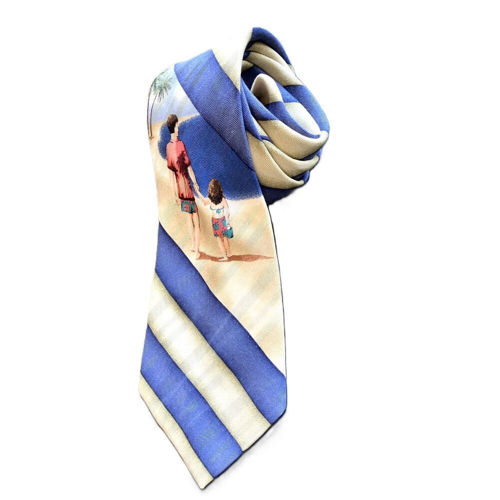 Tommy Bahama NWT Silk Necktie Blue Beige Striped Beach Vacation Coastal Mens